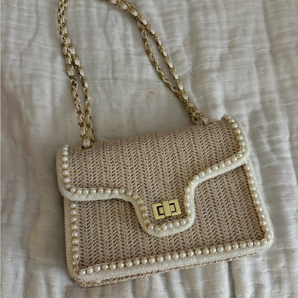 Elegant Cream Pearl-Embellished Women's Bag